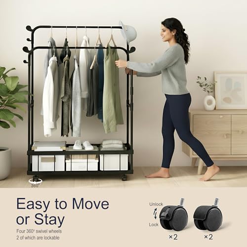 Image of Story@Home Heavy-Duty Double Rod Metal Garment Rack for Clothes with Wheels, Bottom Storage Shelf & 4 Side Hooks | Freestanding Clothes Stand for Bedroom, Entryway, Living Room - Black