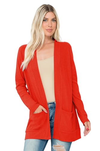 Image of Classic Long Sleeve Open Cardigan - Relaxed Lightweight Pocket Shawl Cardi Outerwear Buffalo Plaid Check, Floral, Solid