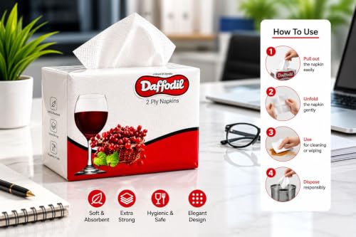 Image of DAFFODIL 2 Ply Tissue Paper Napkins | 50 Soft & Absorbent Disposable Serviettes | 33 x 33 cm Paper Napkins for Dining Table, Parties, Home, Office & Restaurant Use