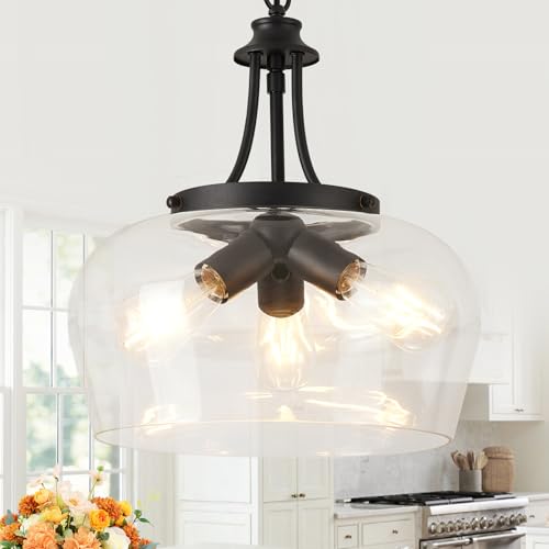 14.2" Modern Pendant Lights Kitchen Island, 3-Light Matte Black Pendant