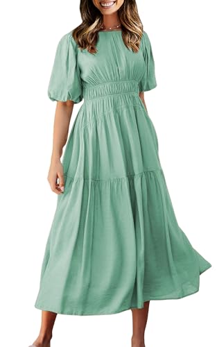 Amazon.com: ECOWISH Summer Dresses for Women 2025 Casual Short Puff Sleeve  Crew Neck Smocked High Waist A Line Tiered Midi Dress Light Green Small :  Clothing, Shoes & Jewelry