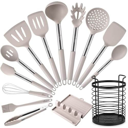 HOTEC Silicone Kitchen Cooking Utensils Set, 14pcs Khaki