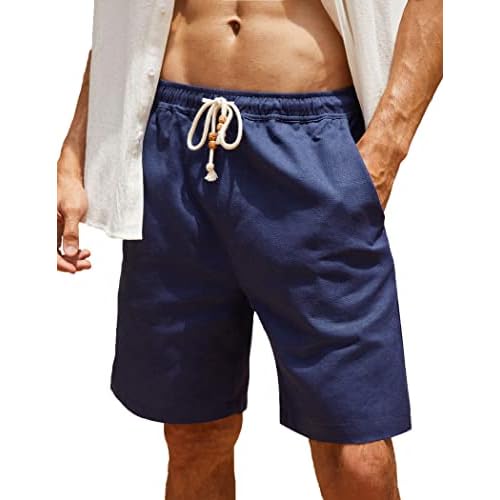COOFANDY Men's Linen Shorts Casual Elastic Waist Drawstring Summer Beach Shorts Small Navy Blue