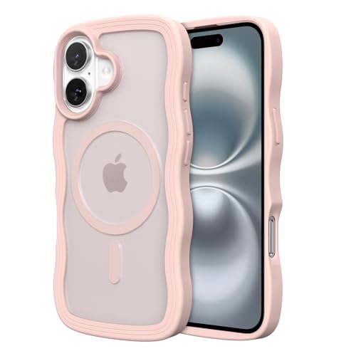 Coque iPhone 16 Plus résistant aux chocs silicone rose à cadre vague MagSafe