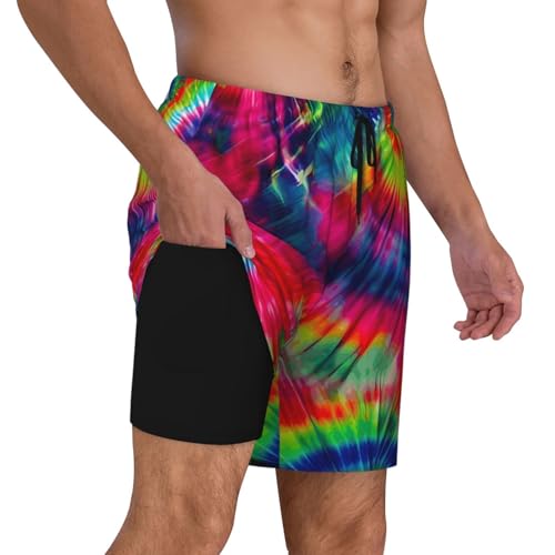 Color Tie Dye Print Mens Swim Shorts Trunks Inseam Compression Liner Quick Dry Zipper Pocket Black3