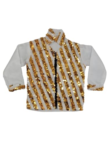 Image of BookMyCostume White & Golden Sequin Western Dance Costume for Boys | Stylish Shiny Full Sleeve Shirt and Pant Set with Zipper Closure | Annual Dance Costume for boys | Fancy Dress for Boys | 7-8 Years