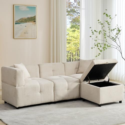80" Fabric Sectional Sofa with Removable Storage Ottoman, L-shaped Corner Sofa Couch with 2 Pillows, Reversible 3-4 Seater Contemporary Chaise Lounge for Living Room/Home Office/Apartment, Beige