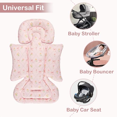 Image of Infant Car Seat Insert with 3 Strap Covers, Soft Car Seat Head Support for Baby Girls, Plush Fabric Newborn Insert for carseat, Strollers, Swings, Bouncer, Flower Bow