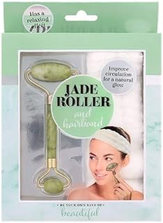Jade Roller For Face | Beauty to Improve the Look of Your Skin, Providing Relaxation, Massage Care Routine | 100% Natural Stone Set for and Neck (Green Jade) with Free Hair Band