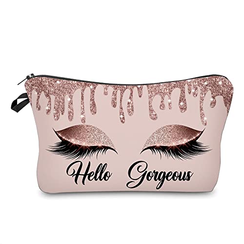 Baobeily Hello Gorgeous Makeup Bag for Purse Eyelash Pink Cosmetic Bags for Women Inspirational Gift Small Funny Cosmetics Glitters Eyeshadows Travel Bag Cases for Toiletries Accessories Organizer