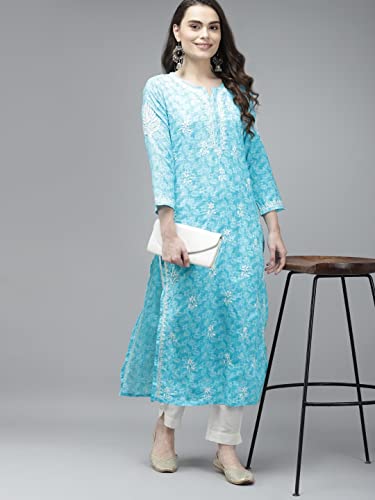 Image of Ada Women's Cotton Straight Fit Straight Hand Embroidered Lucknowi Chikankari Kurta Kurti A411378