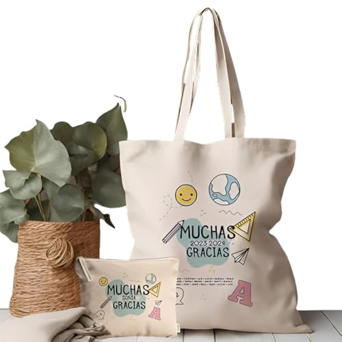 EVYRE | Pack Regalo Profesores Tote Bag y Neceser | Personalizado Con Nombre,100% Algodón Orgánico | Bolsos de Tela para Profesores | Regalos Originales para Profesores de Primaria | Muchas Gracias