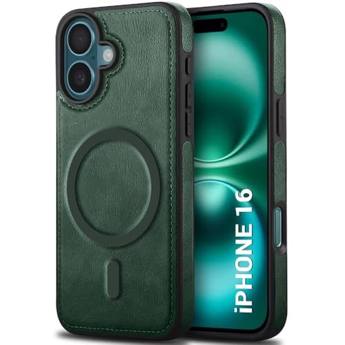 Image of TheGiftKart Genuine Leather Finish Back Cover Case for iPhone 16 | Shockproof Design | Raised Edges for Camera & Screen Protection | Stunning Minimalist Design Case Cover (Compatible MagSafe, Green)