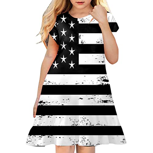Vestido de verão infantil menina 4 de julho, dia independente, estampa de estrelas, listras, manga c