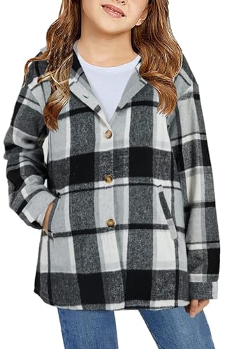 Girls Flannel Plaid Button Down Top with Pockets Long Sleeve Hooded Jackets Length Below Hip Circumference2
