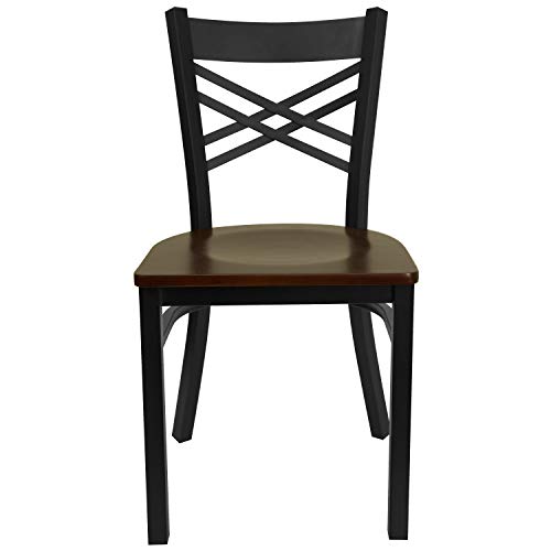 Image of Flash Furniture HERCULES Series Black ''X'' Back Metal Restaurant Chair - Mahogany Wood Seat