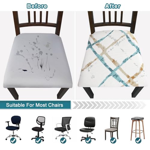 Image of SearchI Seat Covers for Dining Room Chairs Stretch Printed Chair Seat Covers Set of 4, Removable Washable Upholstered Chair Seat Protector Cushion Slipcovers for Kitchen(Geometric Stripe)