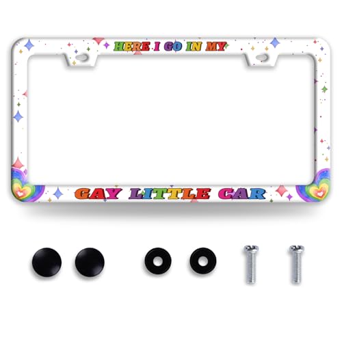 Here I Go in My Gay Little Car License Plate Frame Funny Pride License Plate Frames Stainless Steel Accessories Cars Decor with 2 Holes and Screws Fits Standard Us Ca Vehicles Holder 12.2 X 6 Inch