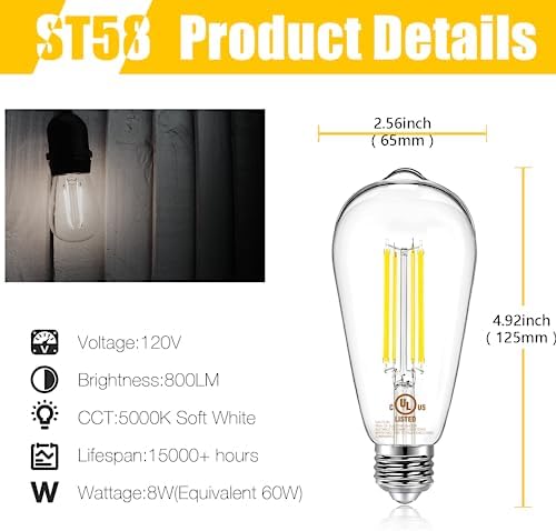 DAYBETTER 4 Pack Vintage LED Edison Bulbs, E26 LED Bulb 60W Equivalent, Dimmable LED Light Bulbs, 8W High Brightness 800 LM Daylight 5000K, ST58 Antique Filament Bulbs, Clear Glass Style for Home