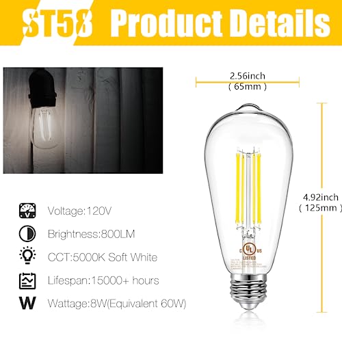 DAYBETTER 4 Pack Vintage LED Edison Bulbs, E26 LED Bulb 60W Equivalent, Dimmable LED Light Bulbs, 8W High Brightness 800 LM Daylight 5000K, ST58 Antique Filament Bulbs, Clear Glass Style for Home