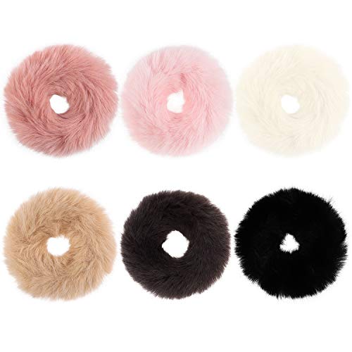 R HORSE 6 Pcs Faux Fur Hair Scrunchies Fuzzy Furry Artificial Rabbit Fur Elastics Ties Fluffy Pom Pom Hair Band Ponytail Holder Hair Accessories Wrist Band for Women Lady(6 Colors)