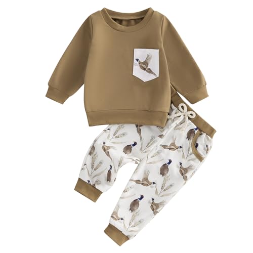Image of Toddler Baby Boy Hunting Clothes Mallard Duck Long Sleeve Sweatshirt Top Jogger Pants Set 2Pcs Fall Winter Outfit (Coffee, 12-18 Months)