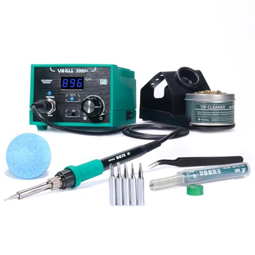 YIHUA 939D+ Digital Soldering Station, 75W Equivalent with Precision Heat Control (392°F to 896°F) and Built-in Transformer. ESD Safe, Lead Free with °C/°F display (Green)
