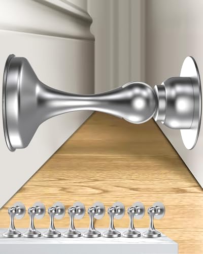 Image of Crosize Magnetic Door Stoppers 8 Pack, Stainless Steel Door Stops for Wall and Floor Mounting, Door Holder Keep Door Open, No Drilling Door Stop with 3D Adhesive Tapes, Silver
