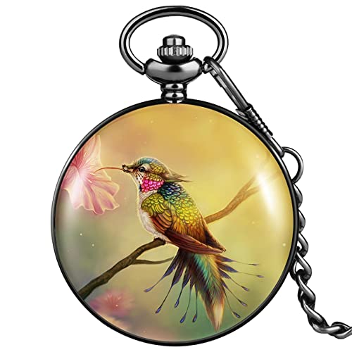 LEELLY Klassische mechanische Taschenuhr mit Handaufzug, Taschenuhr, leichte Taschenuhr, klein, frisch, schönes Kolibri-Muster, Quarz, klassisches Zifferblatt, Anhänger, Dicke Kettenuhr Cover