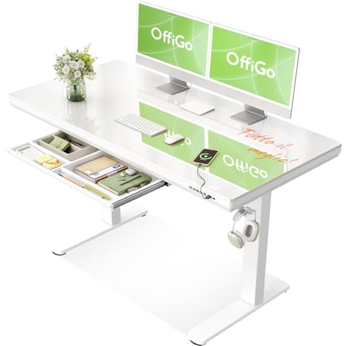 OffiGo Scrivania Regolabile in Altezza Elettrica, 120 x 60 cm, Top in Cristallo Monoblocco, Scrivania in Vetro con Cassetto e Porte USB e Type-C, Scrivania da Sede/Standing, per Casa e Ufficio, Bianco