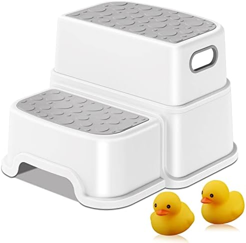 Step Stools for Kids, 2 Step Stool with Anti-Slip Surface and Rubber Bottom, Toddler Step Stool Poop Stool for Toilet Potty Training, Bathroom, Kitchen (Include 2 Ducks)