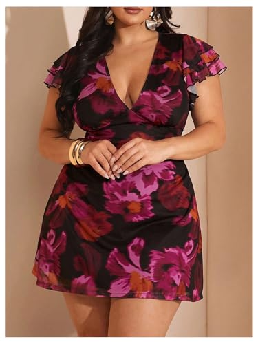 Image of BEAUDRM Women's Plus Size Cocktail Floral Short Dress Deep V Ruffle Short Sleeve Bodycon Mesh Wedding Guest Party Dresses