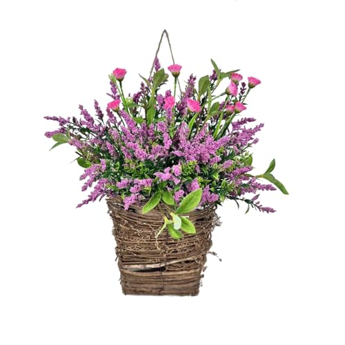 Coronas para puerta delantera, bayas, flores silvestres, canasta colgante para puerta, corona de primavera 2024, letrero de bienvenida de temporada para decoración de puerta delantera del hogar, ramo