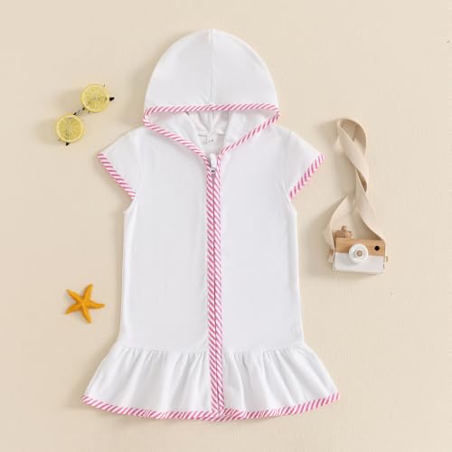 Image of Girls Terry Cloth Swim Cover Up Zip Up Hooded Bathing Suit Coverup Wraps Rufled Kids Pool Beach Robe Cover-Up Dress