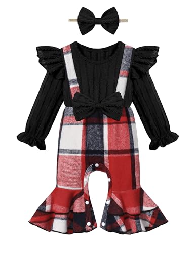 Image of Queenstyle Newborn Baby Girl Clothes Romper Long Sleeve Ruffle Jumpsuit Cute Infant Girl Fall Winter Outfits with Headband