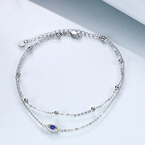 Image of POPLYKE 925 Sterling Silver Double Layered Chain Evil Eye Daisy Sunflower Butterfly Anklets for Women Holiday Beach Crystal Ankle Bracelet Dainty Evil Eye Jewelry