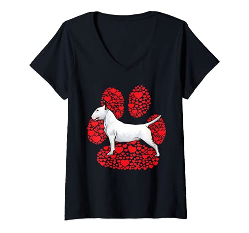 Womens Bull Terrier Valentines Day Dog Love Paw V-Neck T-Shirt, Black