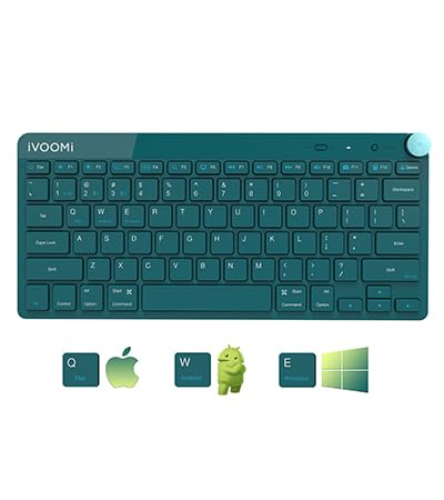 ivoomi finn green wireless 2.4 ghz/dual bt keyboard, bis approved, noiseless switches, multimedia keys with rupees key and volume knob, on/off switch, win/mac/linux/android - 1 year warranty