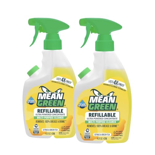 Image of Mean Green Refillable Ultra Powered Multi-Purpose Cleaner Concentrate, Citrus & Green Tea, 14.3 fl oz (2-Pack) - Plant & Mineral Based, Cuts Through Grease & Grime, Refillable Bottle Makes 4X Refills
