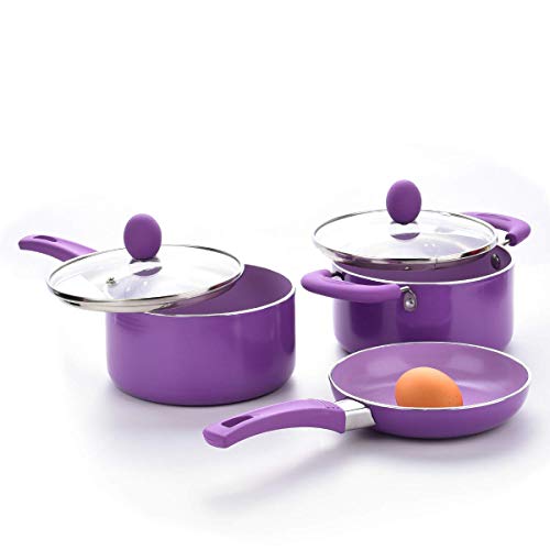 Caannasweis 3 Piece Cookware Set, 5.5" Nonstick Frying Pan, sauce pan and soup pan with glass lid set (Purple)…