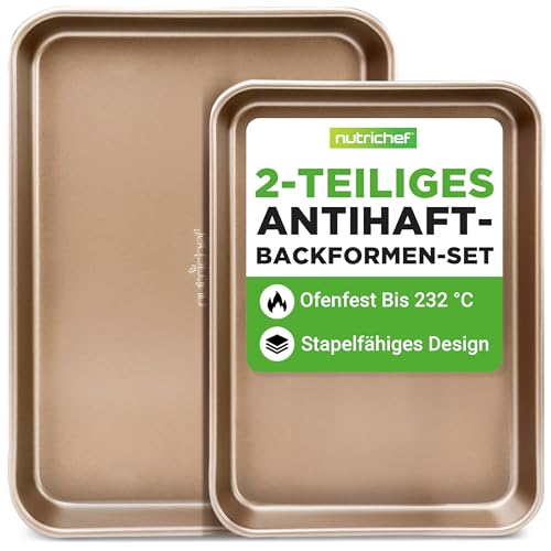 NutriChef Backblech Set 2-teilig – Antihaft 40x28 cm & 35.5x24.6 cm, champange PFOA-frei, ofenfest bis 232 °C, stapelbar, spülmaschinengeeignet, ideal für Meal Prep & Aufläufe