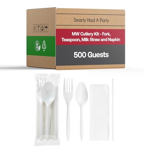 Disposable Individually Wrapped Utensil Kit with Napkin & Milk Straw, 2000-Piece Medium Weight Plastic Cutlery Set (500 Forks, 500 Teaspoons, 500 Straws, 500 Napkins) Bulk for Schools & Cafeterias