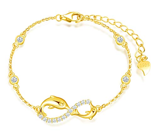 MicLee Bracelet de femme fille, bracelet en Argent 925, bracelet de symbole infini et de dauphin mignon, Zircon incrusté, Chaîne ajustable, Bracelet animal au design unique, or