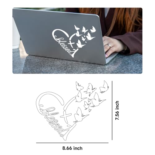 Image of Blessed Cross & Butterfly Heart Decal- 8.6 inchx7.5 inch Inspirational Faith Waterproof Vinyl Sticker for Car, Truck, Window, Bumper, Laptop, Wall (Heart-White)