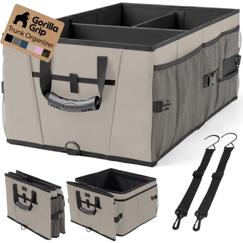 Image of GORILLA GRIP Trunk Organizer for SUV and Cars, Large Capacity, Beige | Heavy Duty Car Trunk Storage Organizer, Collapsible, SUV Accessories, Slip and Water Resistant, Multi Compartment Storage