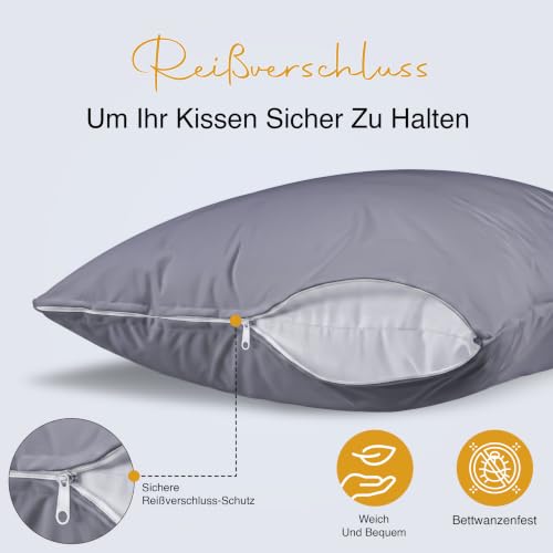 wasserdichte Kissenbezüge Mit Reißverschluss Grau 50x70cm, 2er, Gegen Bettwanzen – Ansicht 3