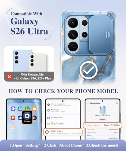 Image of GVIEWIN for Samsung Galaxy S26 Ultra Case, [Slide Camera Cover & Built-in HD Screen Protector] [2 Front Frames] Shockproof Military Grade Protective Marble Phone Case for S26 Ultra 6.9 inch (Serene)