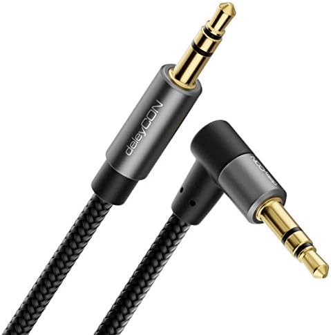 deleyCON 5m Kabel Aux Kabel Audio Jack 3,5mm Kabel Stereo Bawełniany Kabel i Metalowa Wtyczka - Prosta Wtyczka do Wtyczki Kąt 90° - Telefon komórkowy Smartfon Tablet Słuchawki Odbiornik HiFi Samochodowy