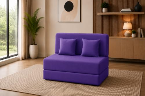 Image of Sofa Cum Bed with Jute Fabric, Convertible Two Seater Sofa Bed 4x6 Ft, Comfortable Cushioned Seating, Space Saving Design for Living Room, Bedroom & Guest Room - Purple Color