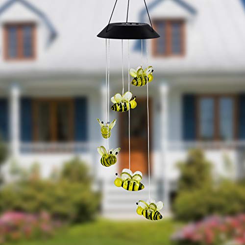 Mortime Led Solar Bee Wind Chime, 25" Mobile Hanging Wind Chime For Home Garden Decoration, Automatic Light Changing Color(Honeybee) #TOP5